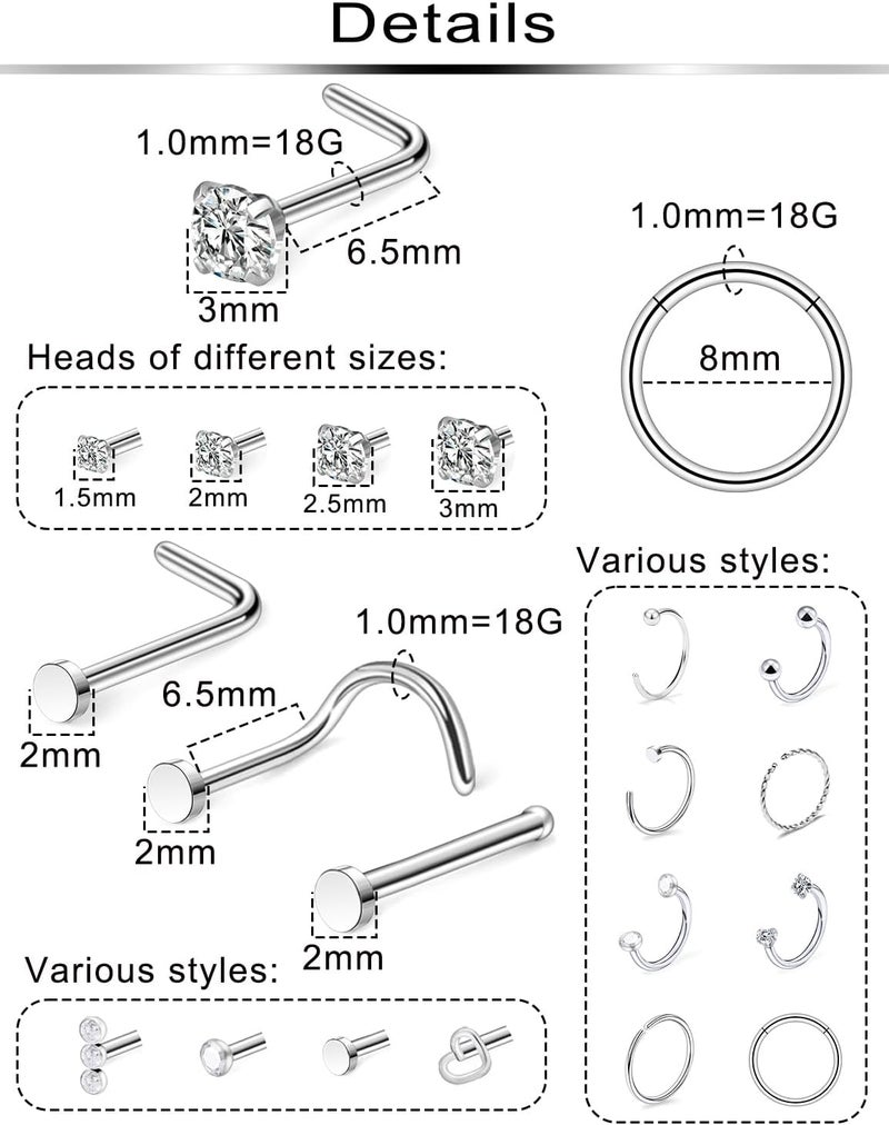 Ftovosyo 18G 20G Nose Rings Surgical Steel Nose Rings Hoop for Women Men Paved CZ Flower Nostril Piercing Jewelry L Shaped Nostril Ring Stud Set - Image 2